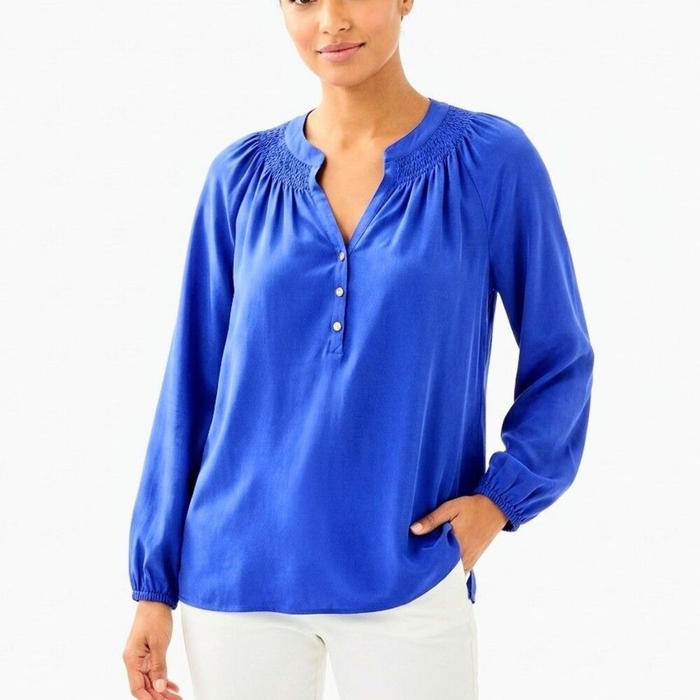 LILLY PULITZER 100% Silk Top Elsa Royal Blue Blouse V-Neck Women Medium